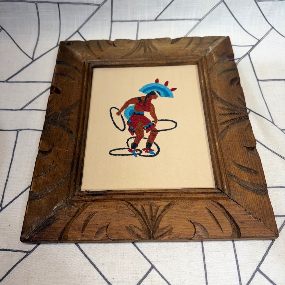 Unbranded Navajo Sand Painting 15x13 Brown Hoop Dancer Hand Carved Wood Frame